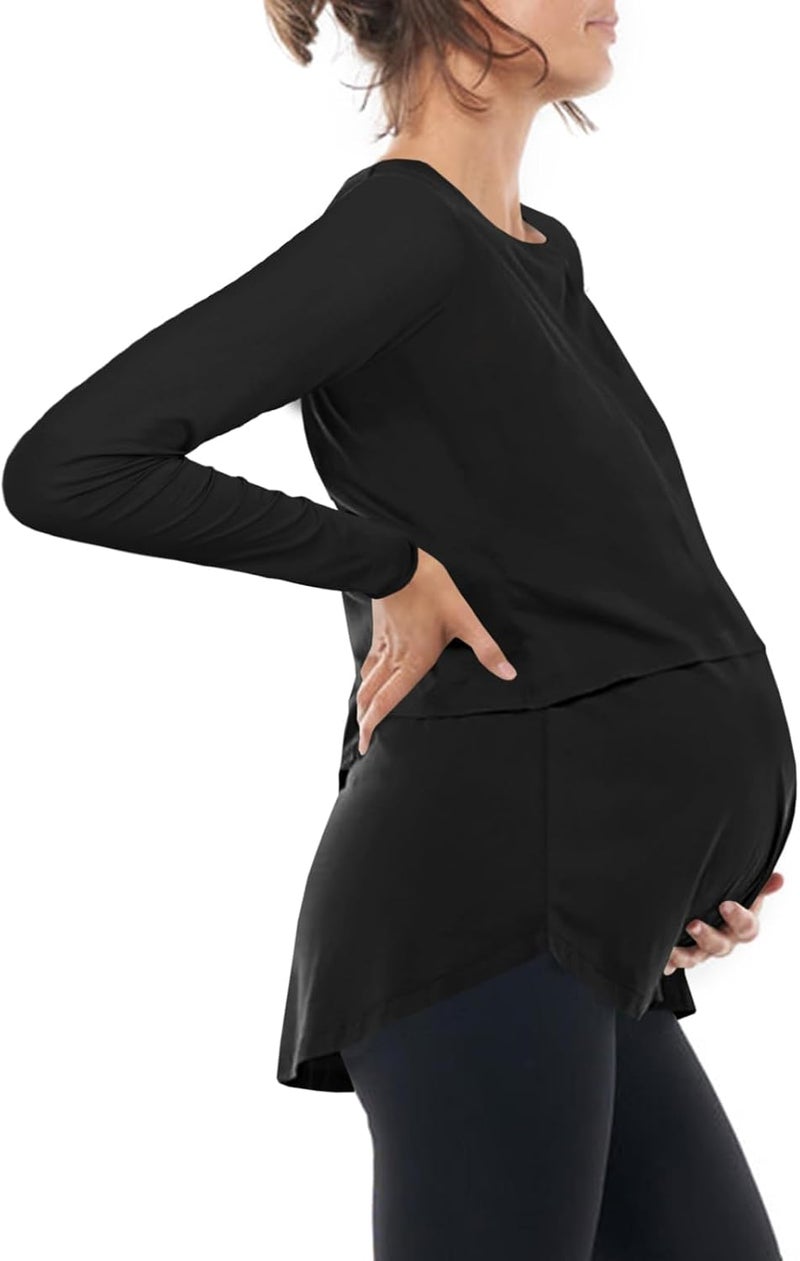UNCLECAT Store Womens Maternity Nursing Tops Casual Long Sleeve Double Layer Breastfeeding Shirts Pregnancy Clothes Black - Image 2